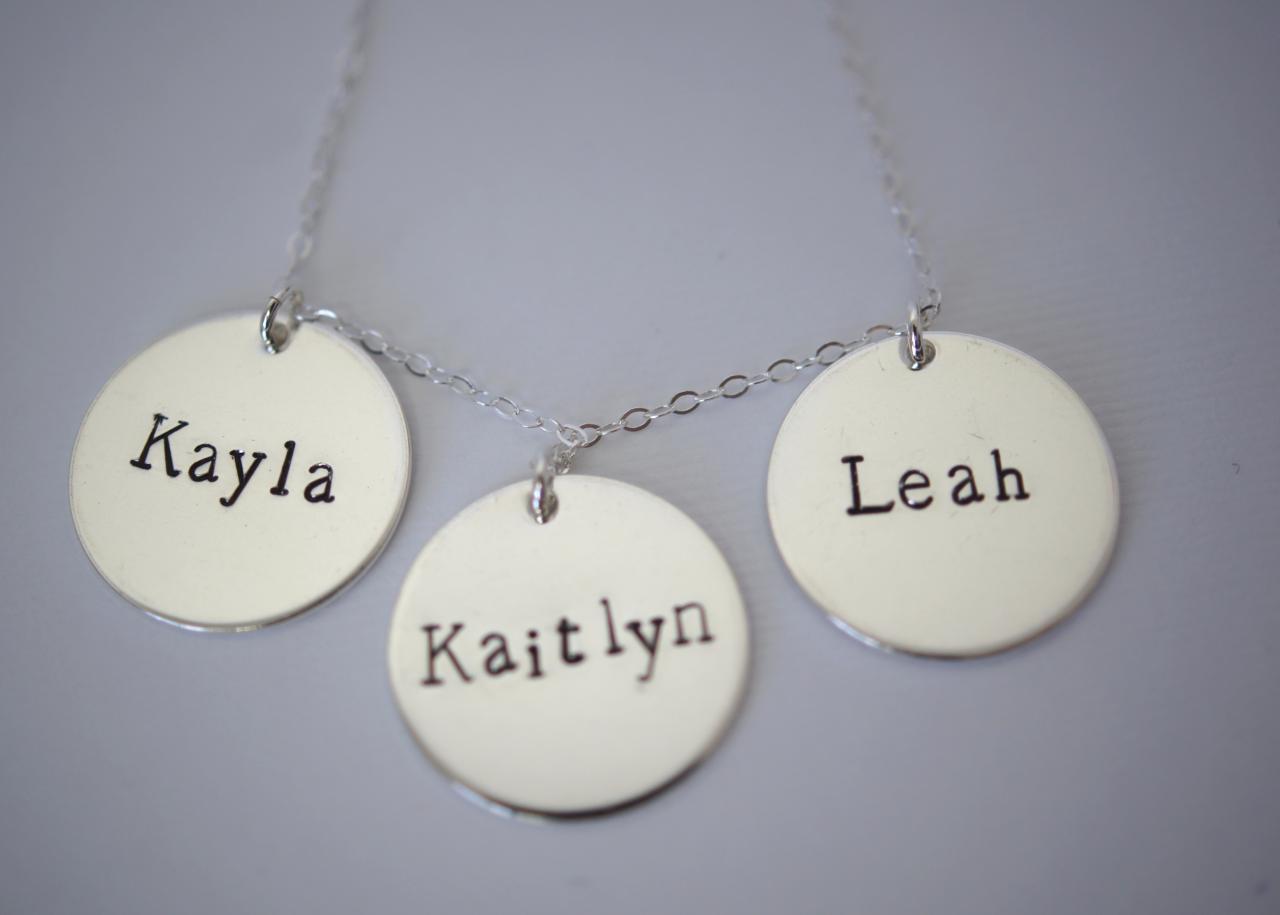 Personalized Sterling Silver Triple Disc Necklace With Children's Name's On It