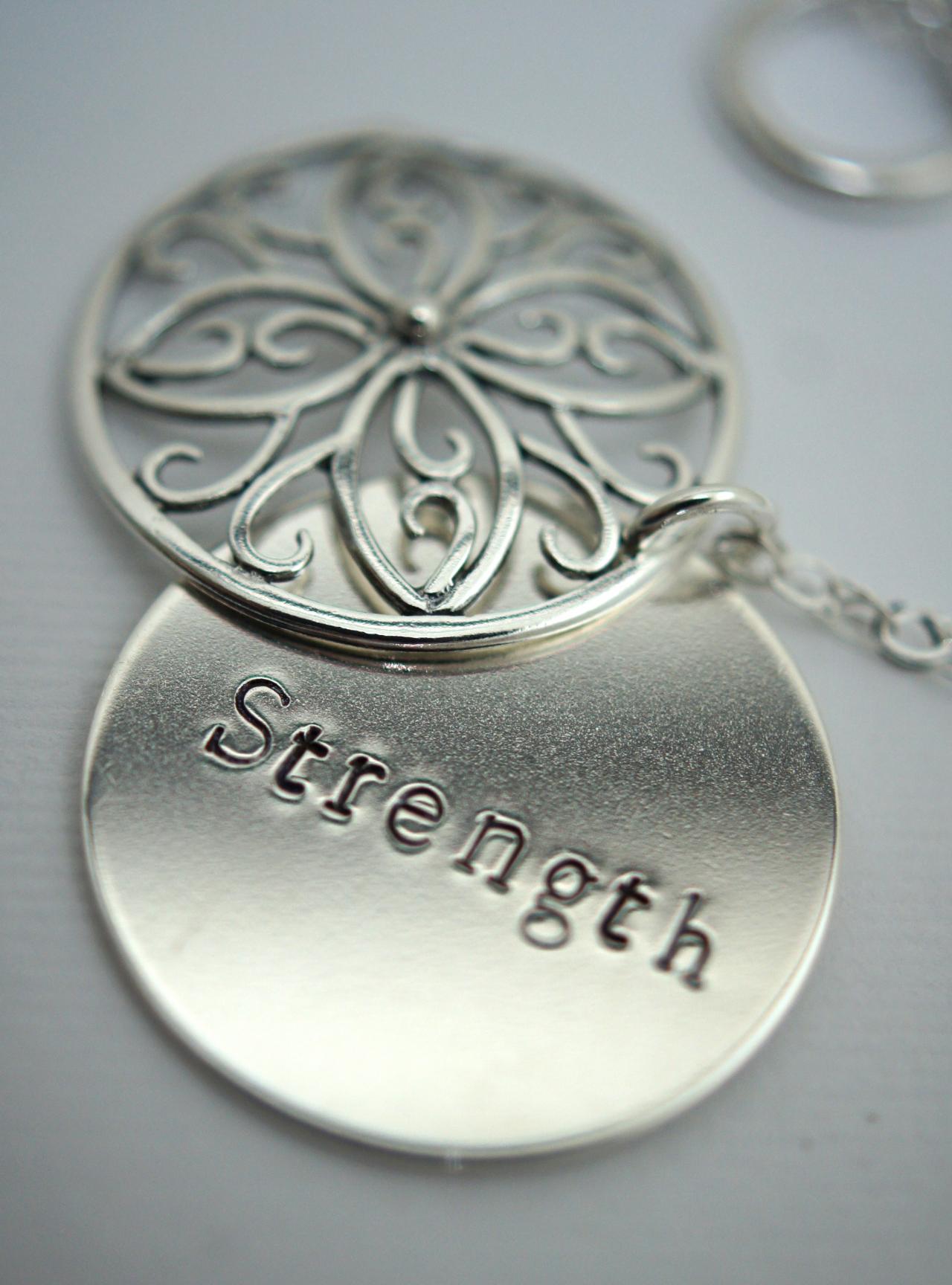 Sterling Silver 1" Disc With Word "strength" On It And Decorative Disc To Cover